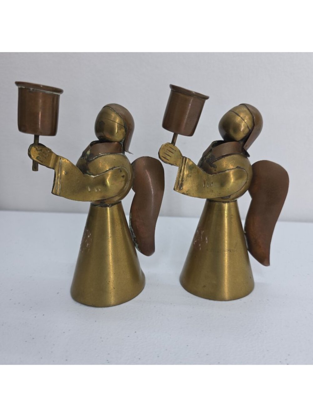 VTG Brass & Copper Angel Candlestick Holder 6" Holiday Christmas Easter Mexico